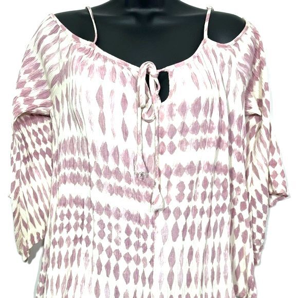 Lovestitch Cold Shoulder Tank Patterned Print 3/4 Sleeve Top Cream Pink Medium - Picture 2 of 11
